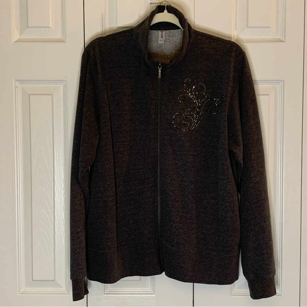 Enza Zip up Dark Grey Long Sleeve Sweatshirt with Silver Sequin Accent